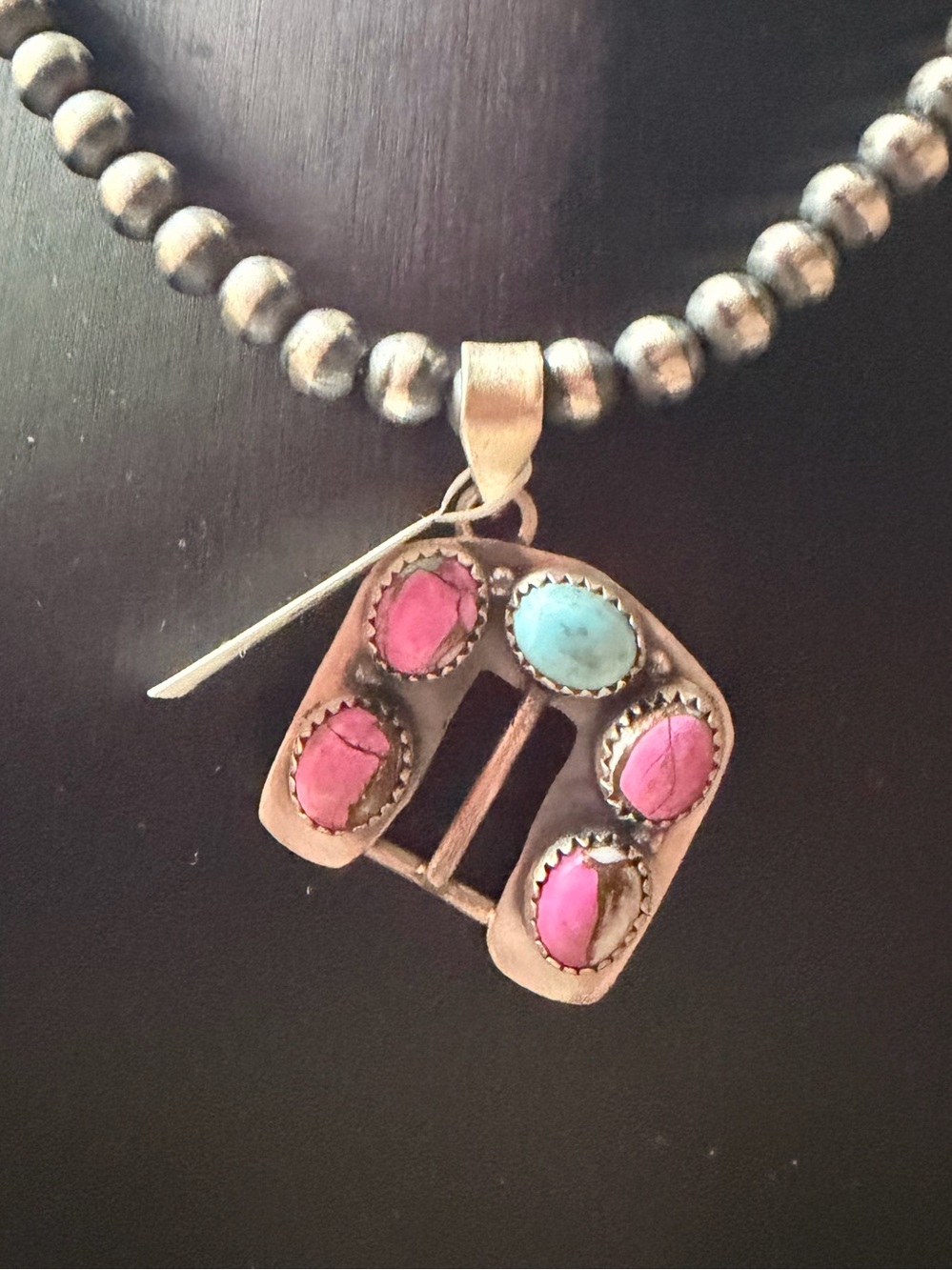Cotton Candy Pink and Turquoise Stone Sterling Silver Buckle Pendant